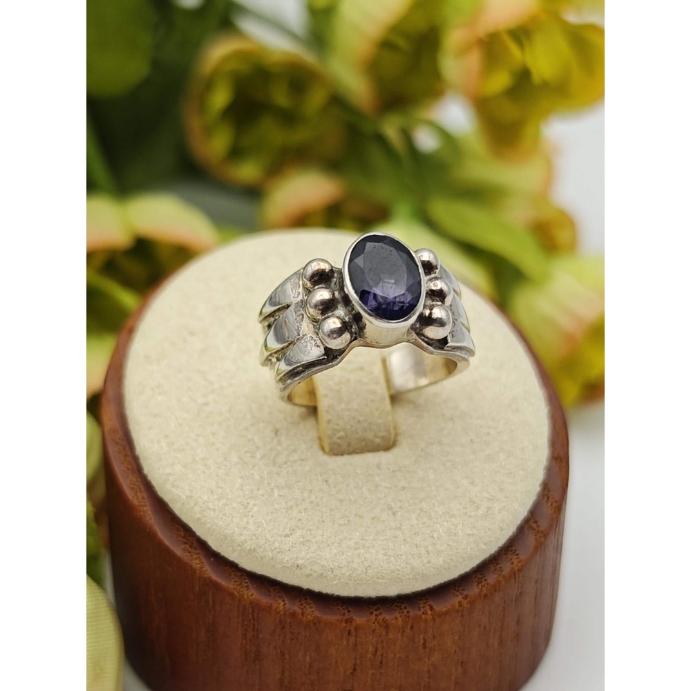Bold Artisan Handmade Iolite Ring Women Size 4 Silver Vintage Southwest Bubble